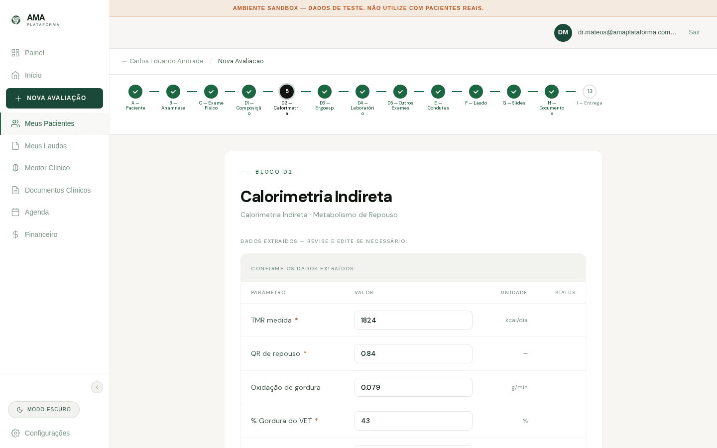 Módulo de calorimetria indireta com TMB medido, QR e oxidação de substratos — Plataforma AMA